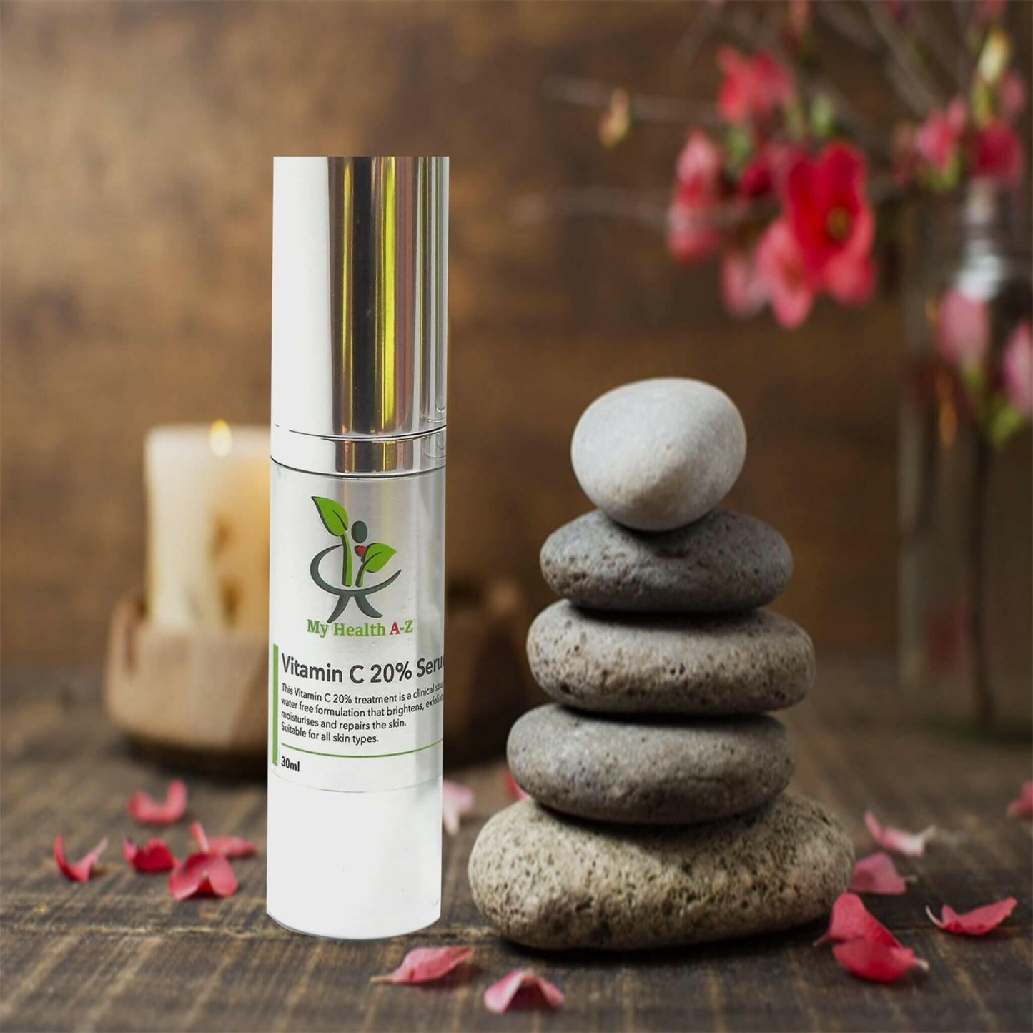 Vitamin C 20% Serum on a bench with some stones staked
