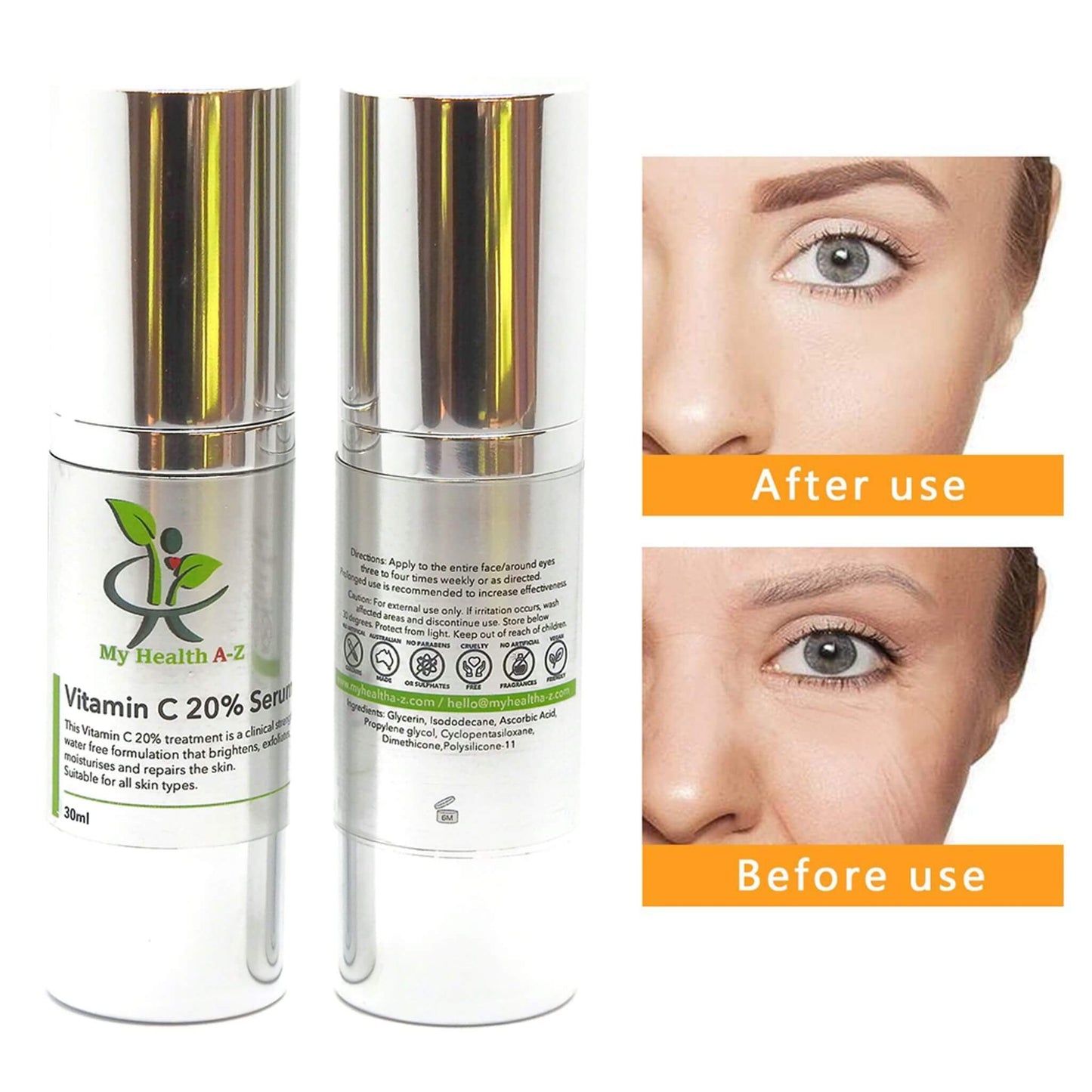 Two bottles of Vitamin C serum with a 'Before' and 'After' comparison of skin on a white background.