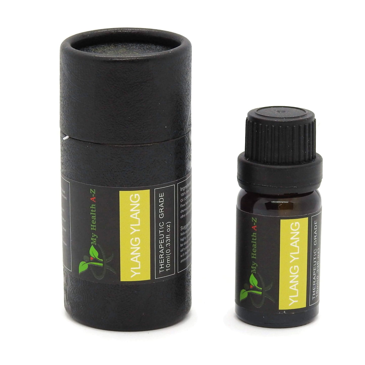 Black cylindrical container and bottle labeled 'Ylang Ylang' on a white background