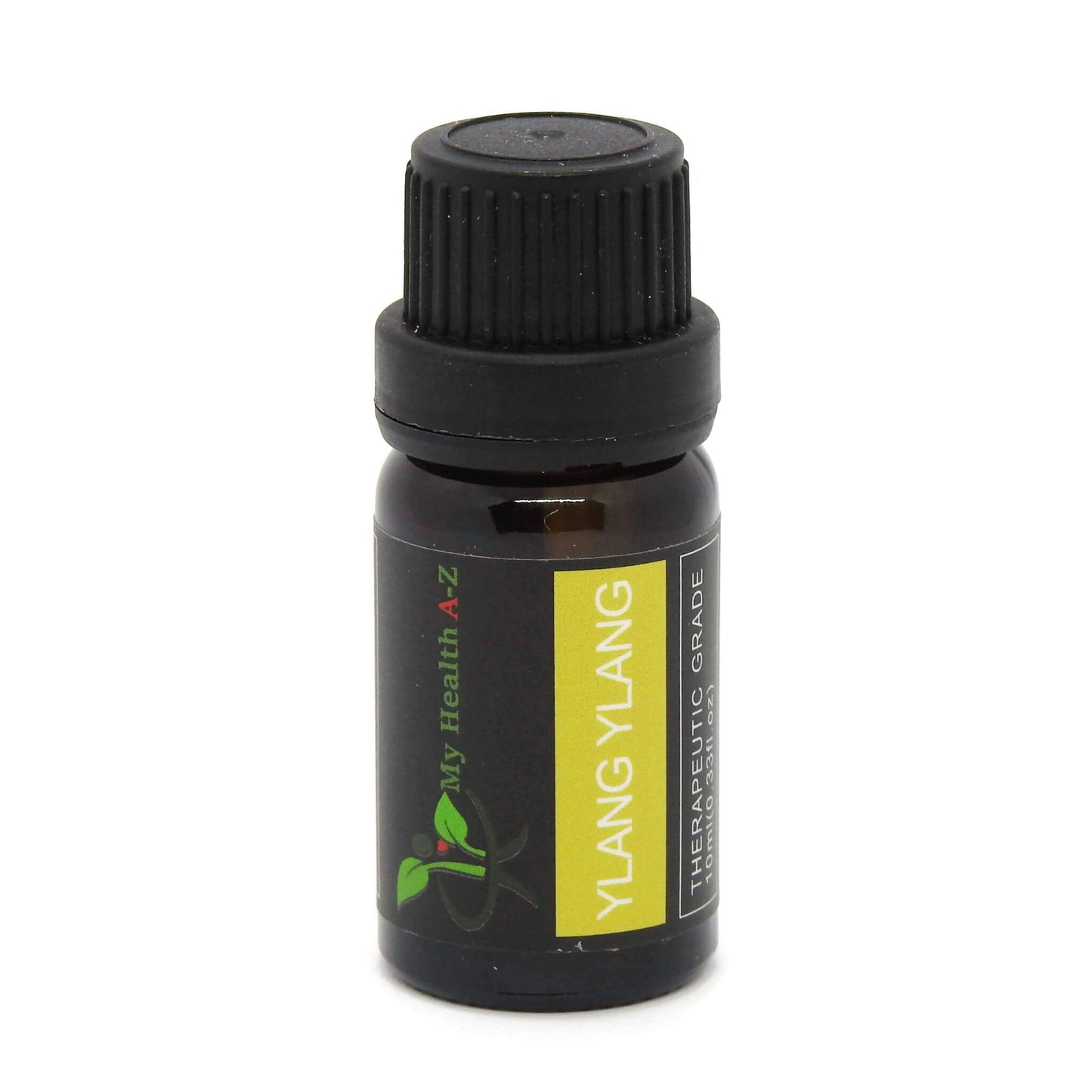 Ylang Ylang essential oil bottle with black cap on a white background