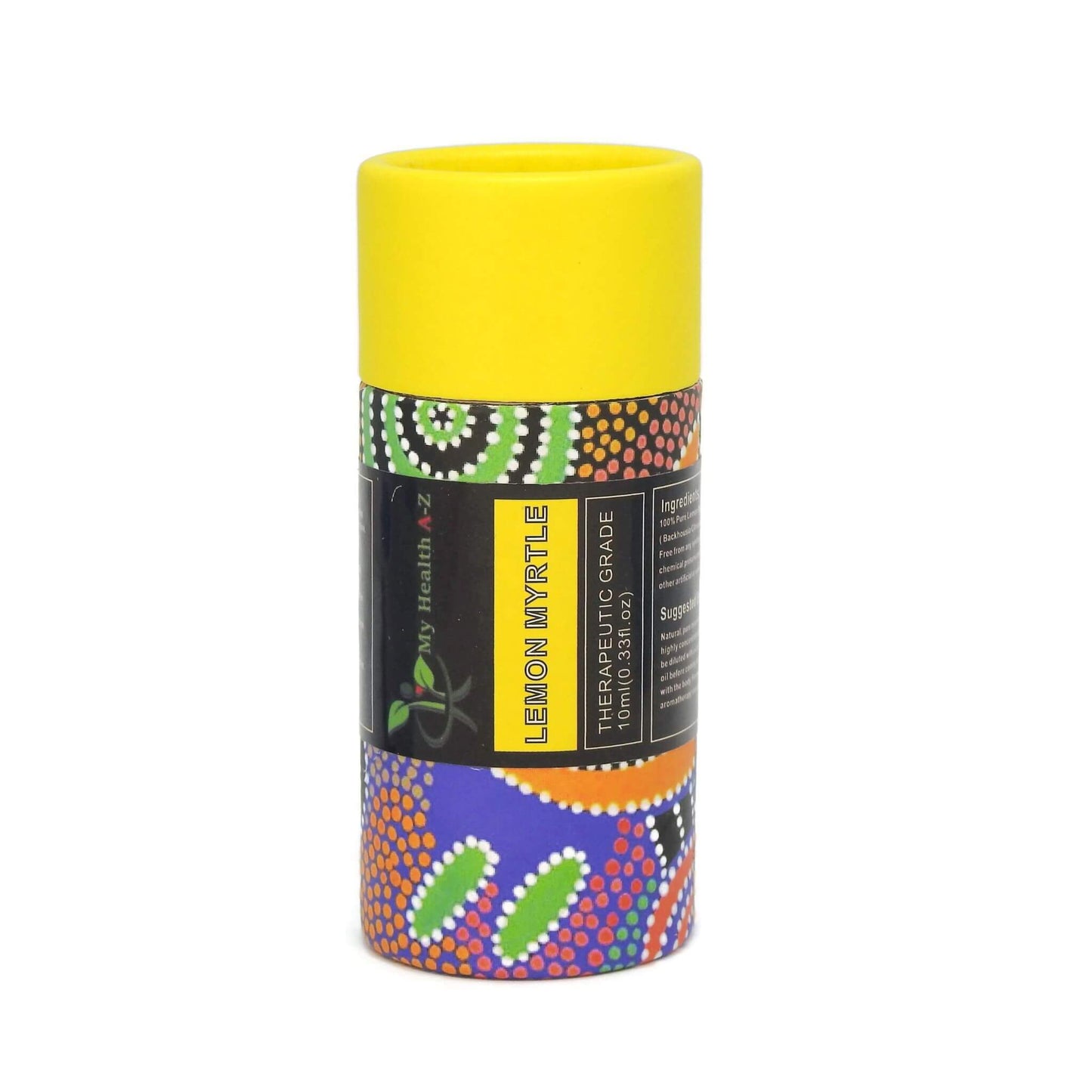 Colorful cylindrical container with a yellow lid on a white background