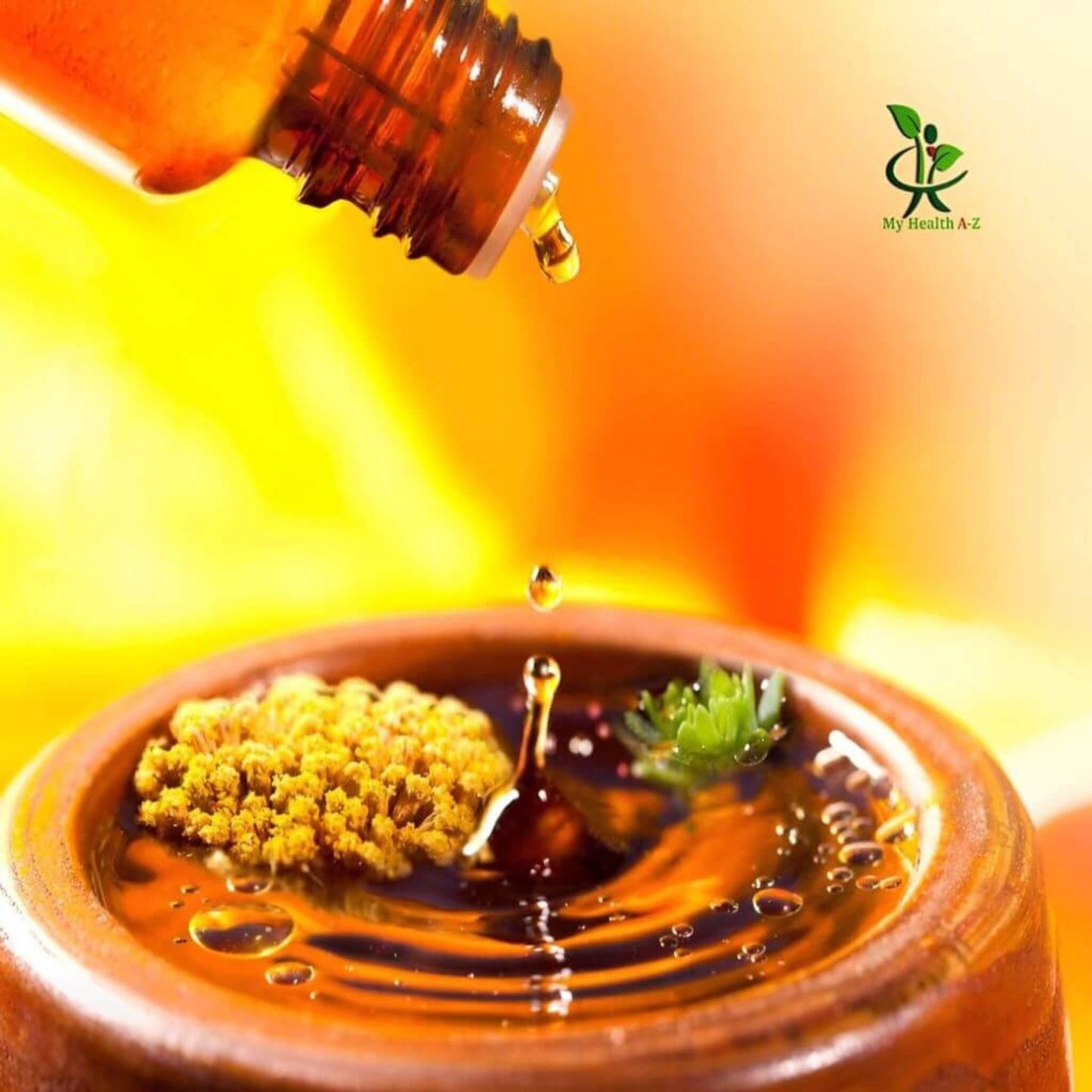 Bottle Lemon Myrtle essential oil into a container with a blurred background and 'My Health AZ' logo.