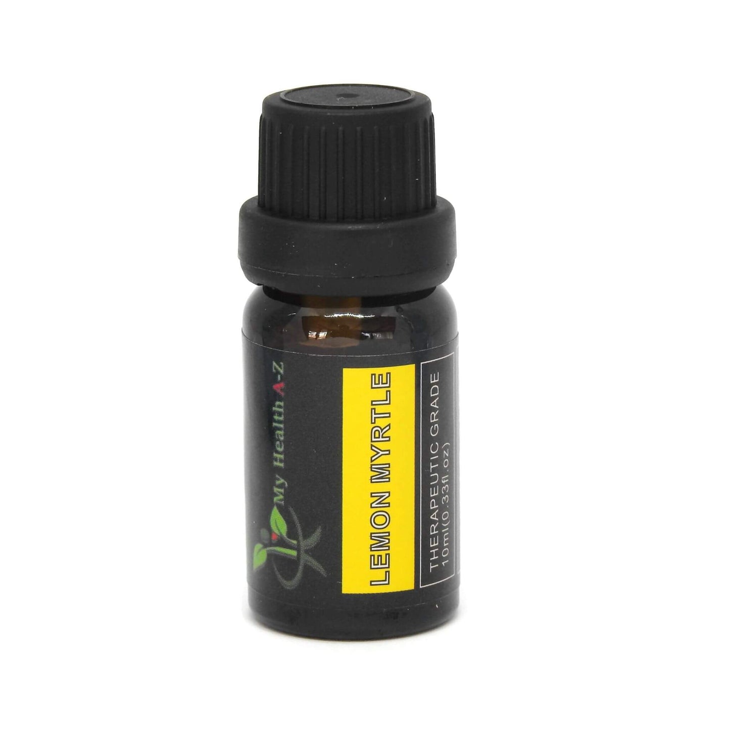 Bottle of Lemon Myrtle essential oil with a black cap on a white background