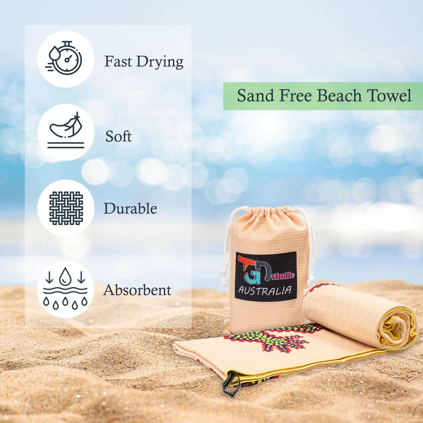 Sand-Free Beach Towel with Aboriginal Dot Crocodile Design benefits
