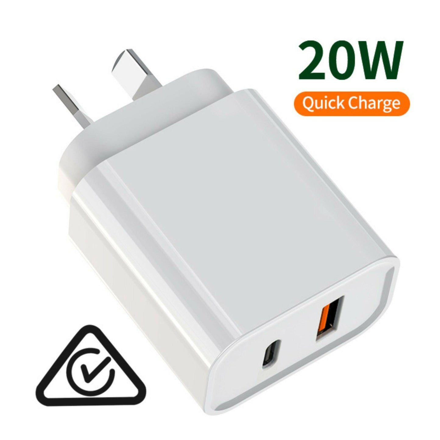 Dual Wall Plug Adapter Quick Charger for USB plus Type C 20 watt quick charge label