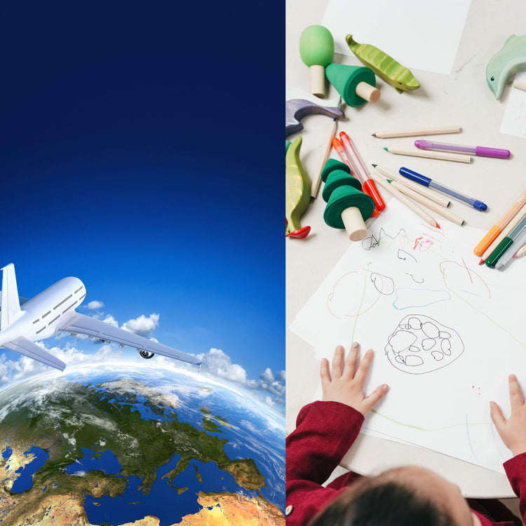 Airplane flying over the globe and a kid drawn