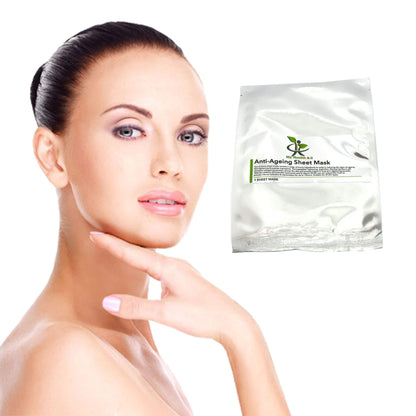 Woman with smooth skin next to an anti-aging sheet mask packaging on a white background