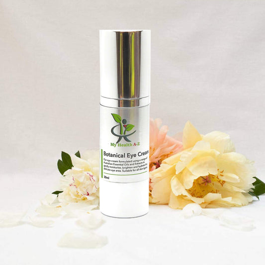 Skincare bottle labeled 'My Health A-Z' with flowers on a light background