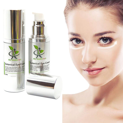 Two bottles of 'My Health A-Z Botanical Eye Cream' with a close-up of a woman's face.
