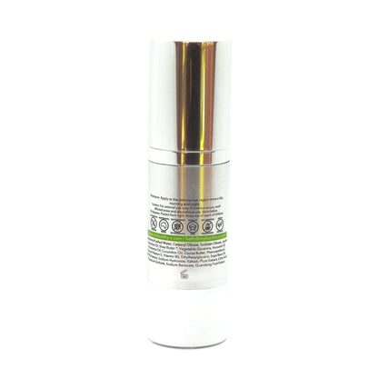 Skincare serum bottle with gold cap on a white background