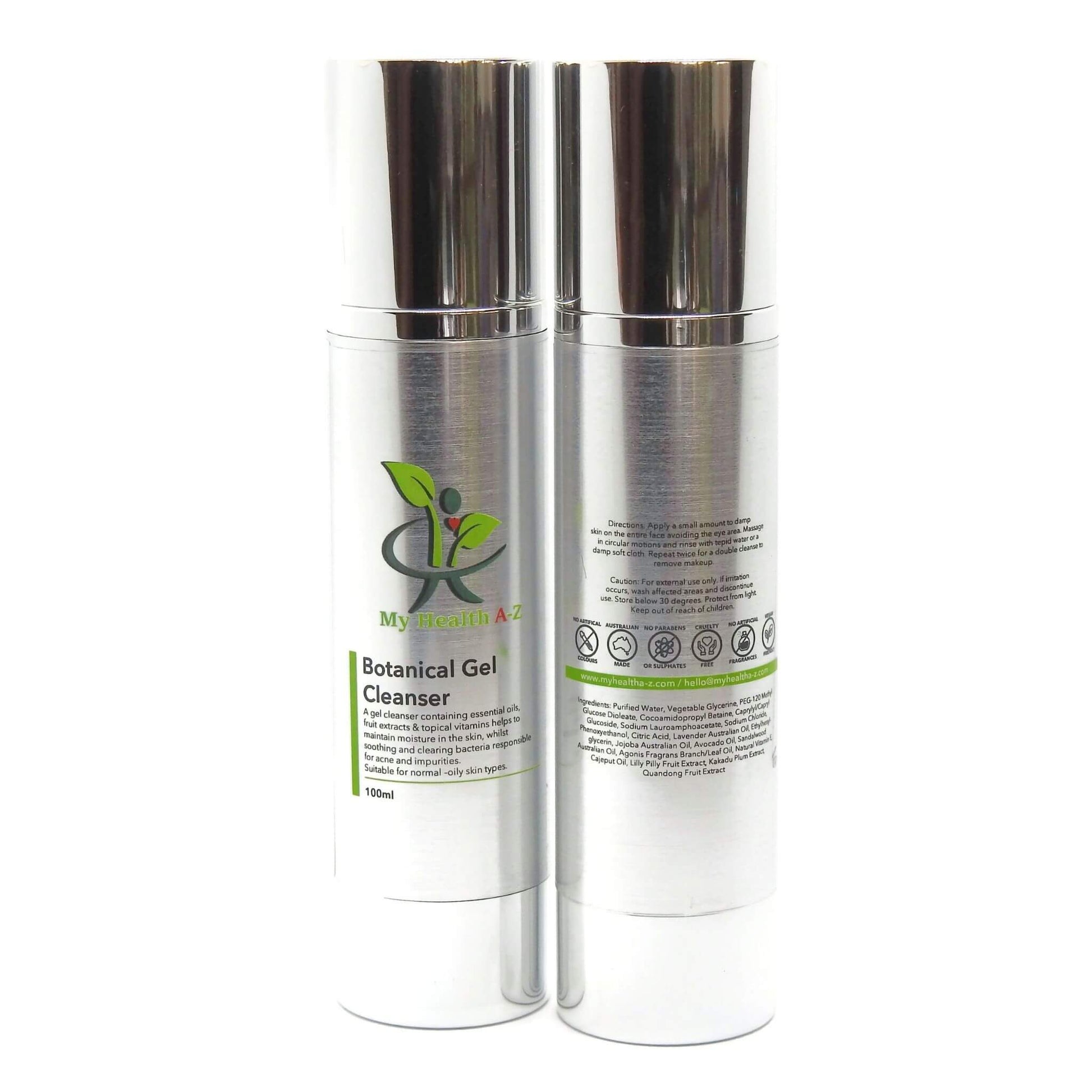 Two skincare bottles with labels on a white background