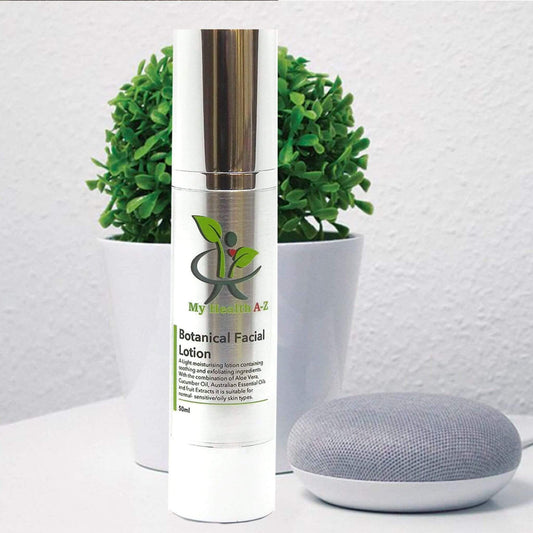 Botanical facial lotion bottle with a plant and gray object in the background