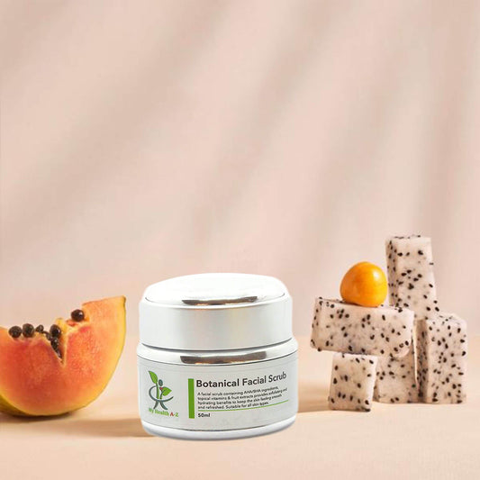 Jar of Botanical Facial Scrub with papaya and dragon fruit on a beige background