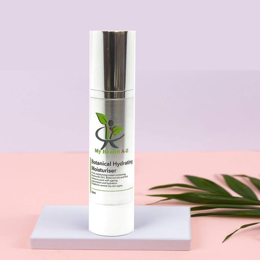 Skincare bottle labeled 'My Health A-Z Botanical Hydrating Moisturizer' on a pink and purple gradient background.