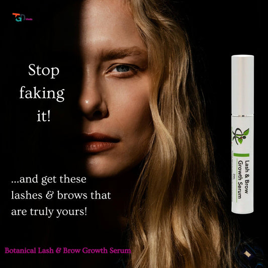 Woman with blonde hair and blue eyes, with a Botanical Lash & Brow Growth Serum bottle on a black background.