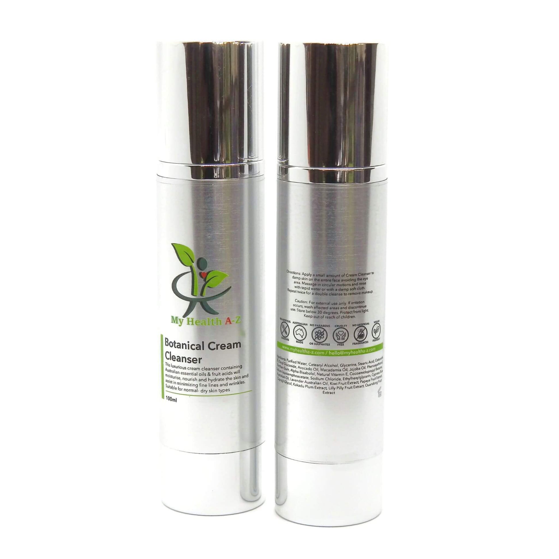 Two skincare bottles with labels on a white background