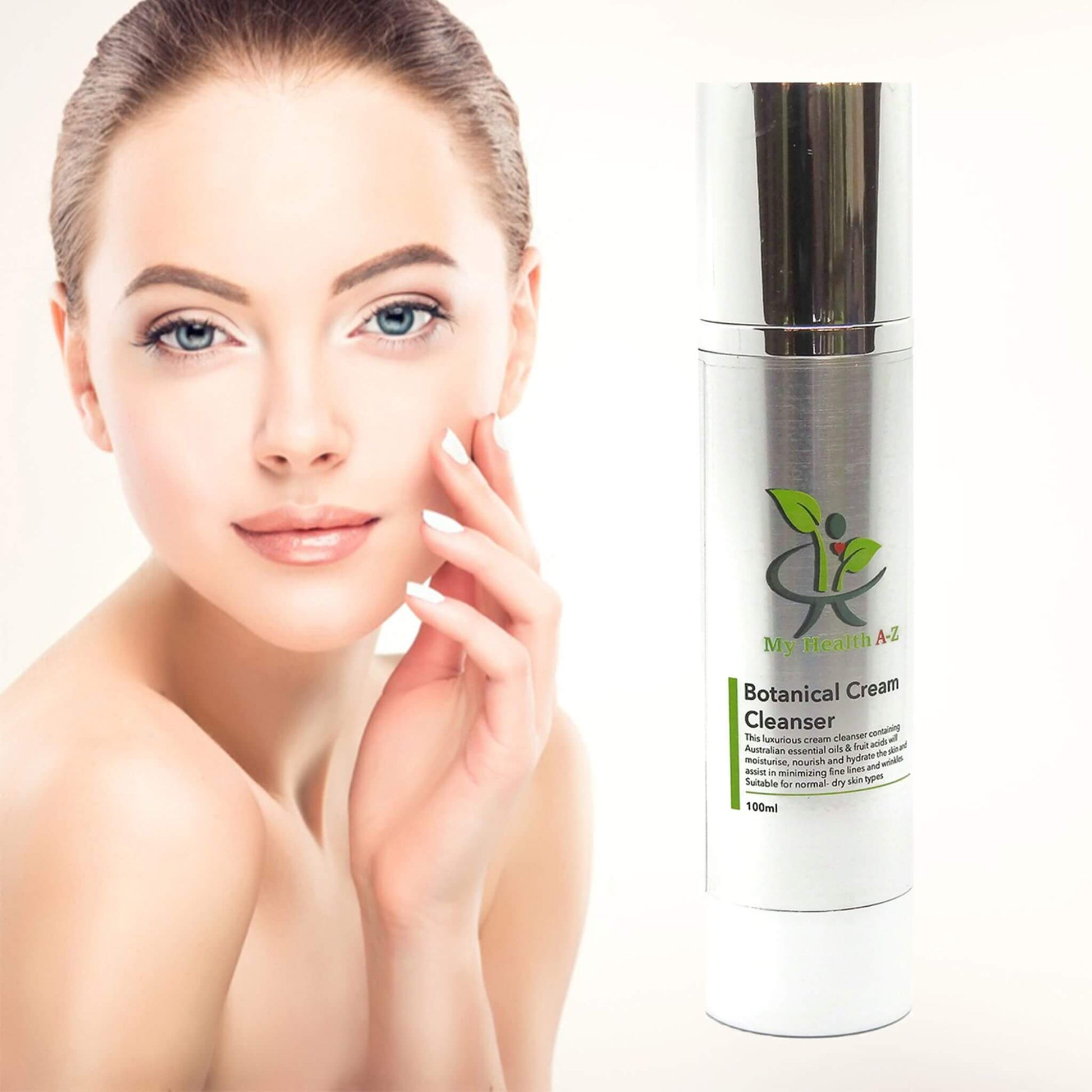 Woman touching her face with a bottle of 'My Skin A-Z Botanical Cream Cleanser' on a white background