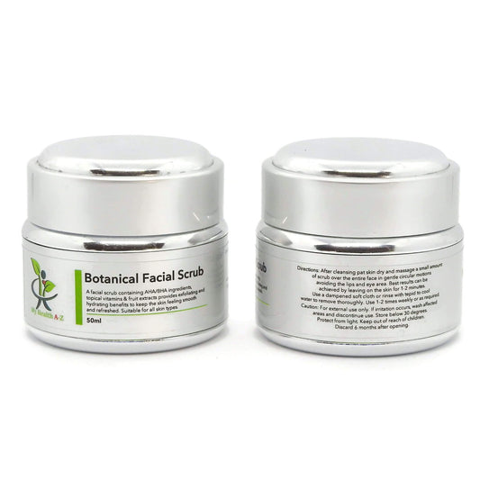 Two jars of Botanical Facial Scrub with labels on a white background