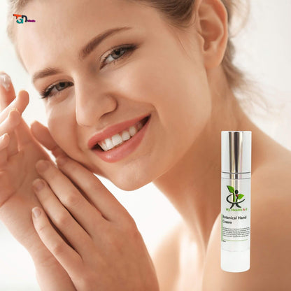 woman with her hands on her face and a bottle of Botanical Hand Cream