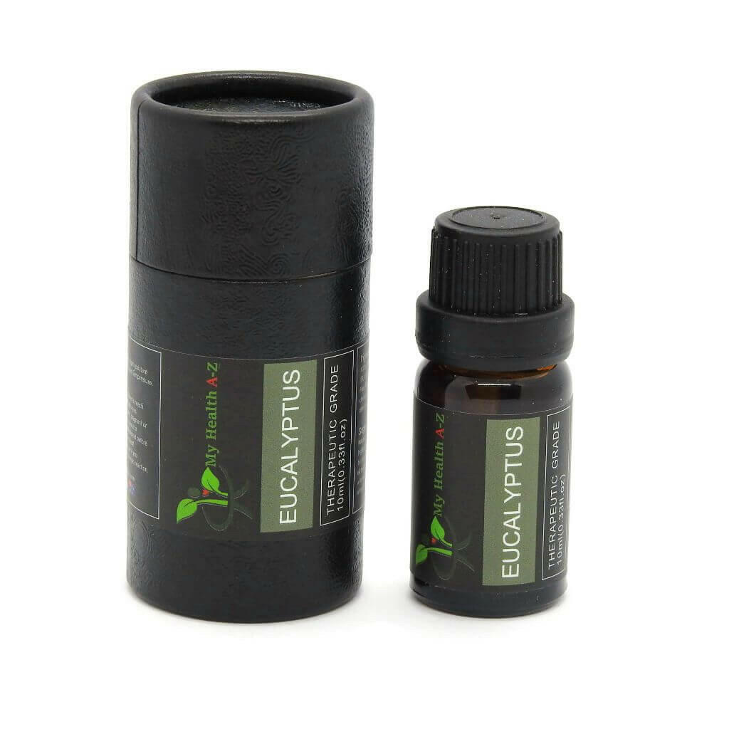 10ml eucalyptus essential oil bottel next to the cylinder it comes in