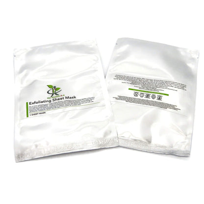 Exfoliating sheet mask packaging with branding on a white background