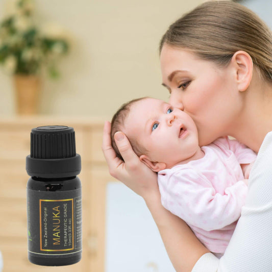 Woman holding a baby and a bottle of Manuka honey in a home setting