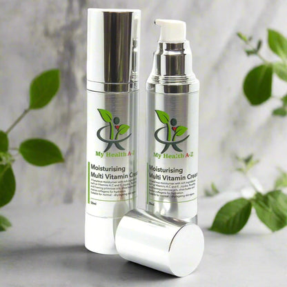two  Moisturising Multi-Vitamin Cream (50ml) one with lid the other without lid in front of bottle