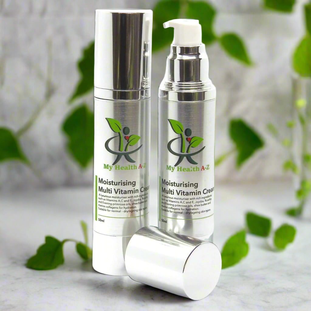 Two bottles of 'My Health A-Z' moisturising multi-vitamin cream on a white background