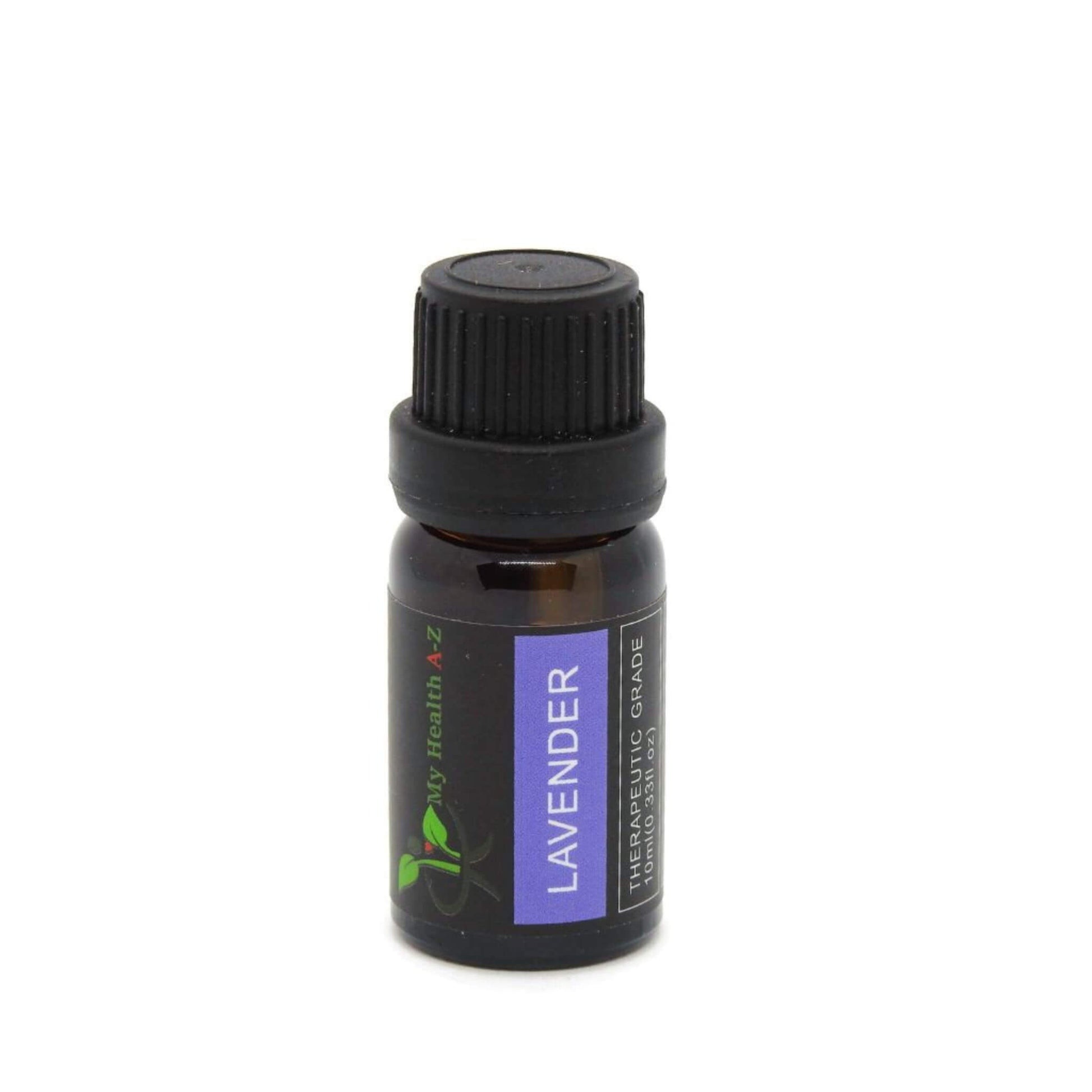 Lavender essential oil bottle with a black cap on a white background