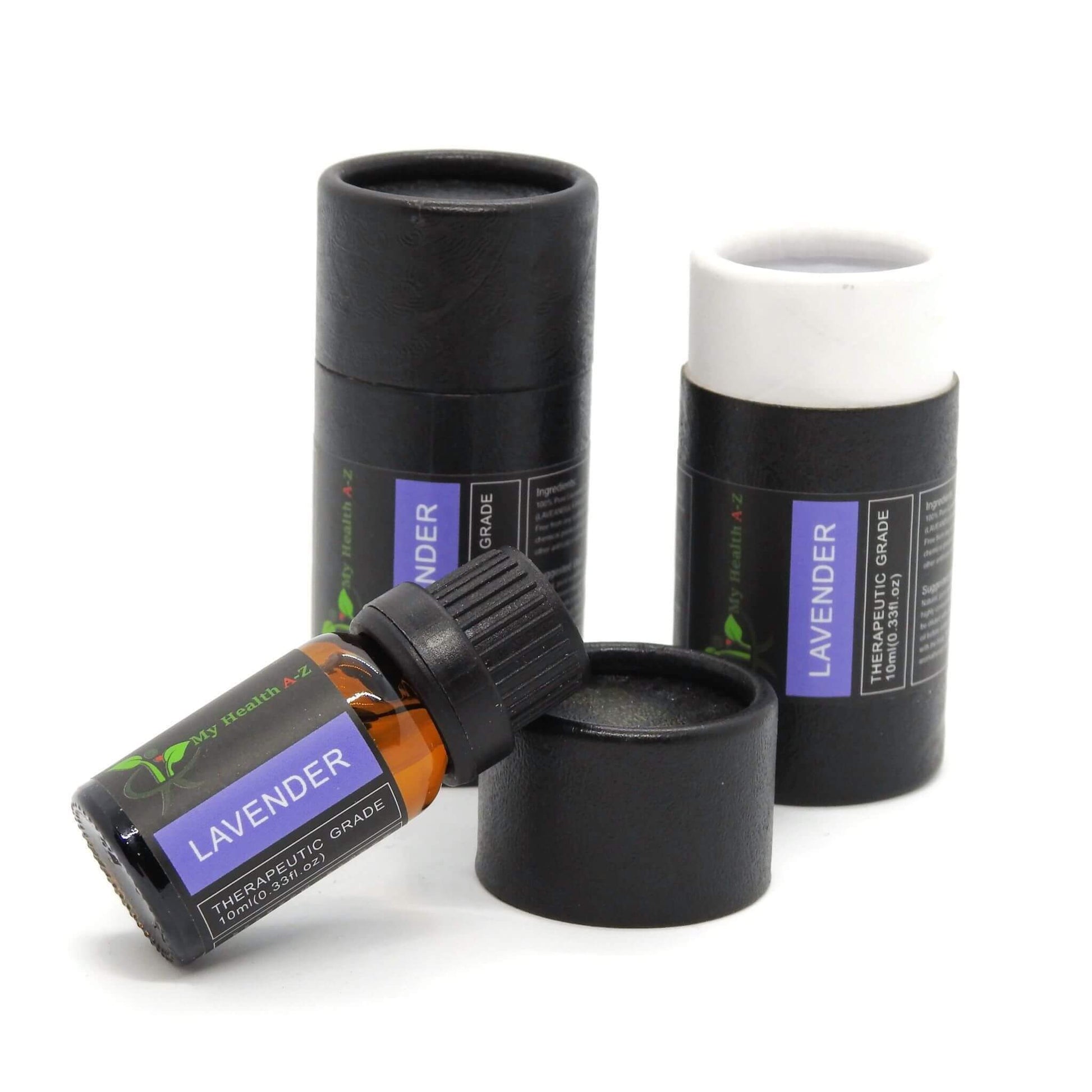 Lavender essential oil bottle with black cap and black cylindrical container on a white background