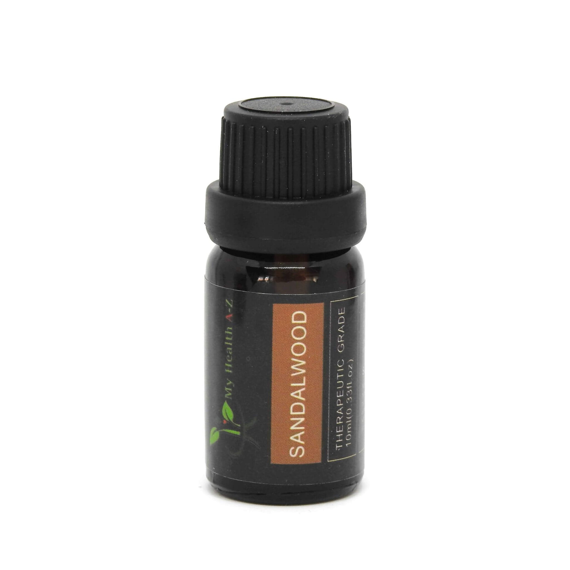 Sandalwood essential oil bottle with black cap on a white background