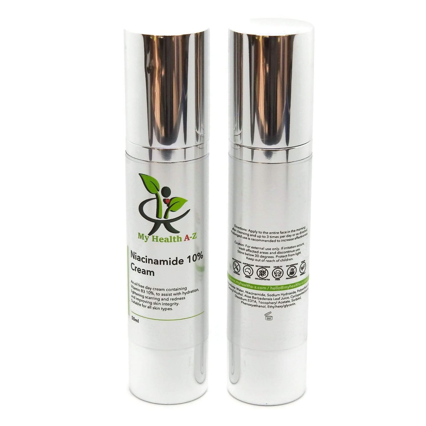 Two skincare cream bottles with labels on a white background
