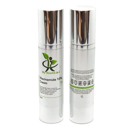 Two skincare cream bottles with labels on a white background