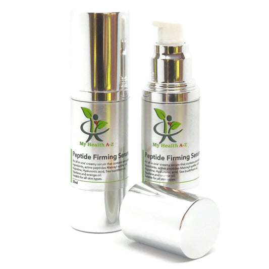 Two bottles of Peptide Firming Serum from My Health A-Z on a white background