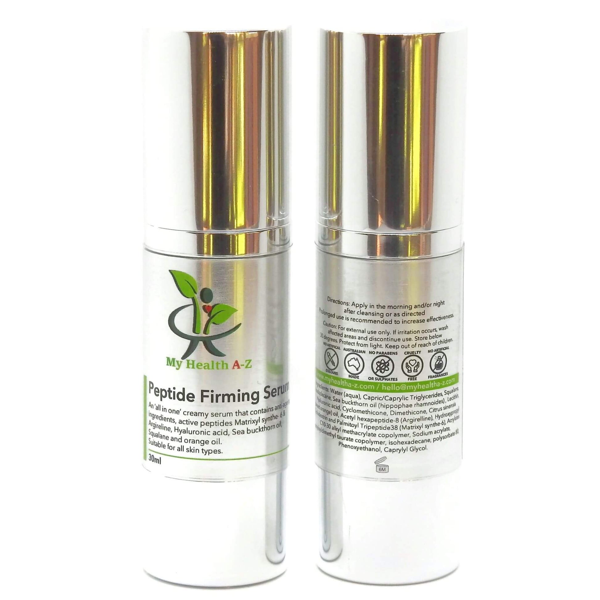 Two bottles of Peptide Firming Serum by My Health A-Z on a white background