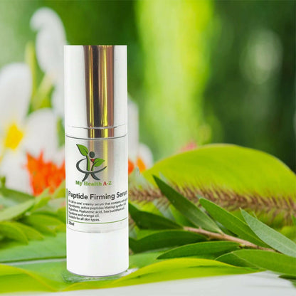 green background with leafs and flowers and a bottle of Peptide firming serum in the middle