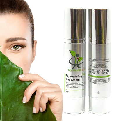 woman hiding her face behind a large leaf and two bottle of  rejuvenating day cream on the right