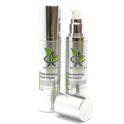Two bottles of 'My Health A-Z' Rejuvenating Day Cream on a white background