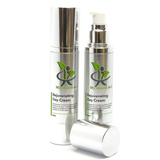 Two bottles of 'My Health A-Z' Rejuvenating Day Cream on a white background