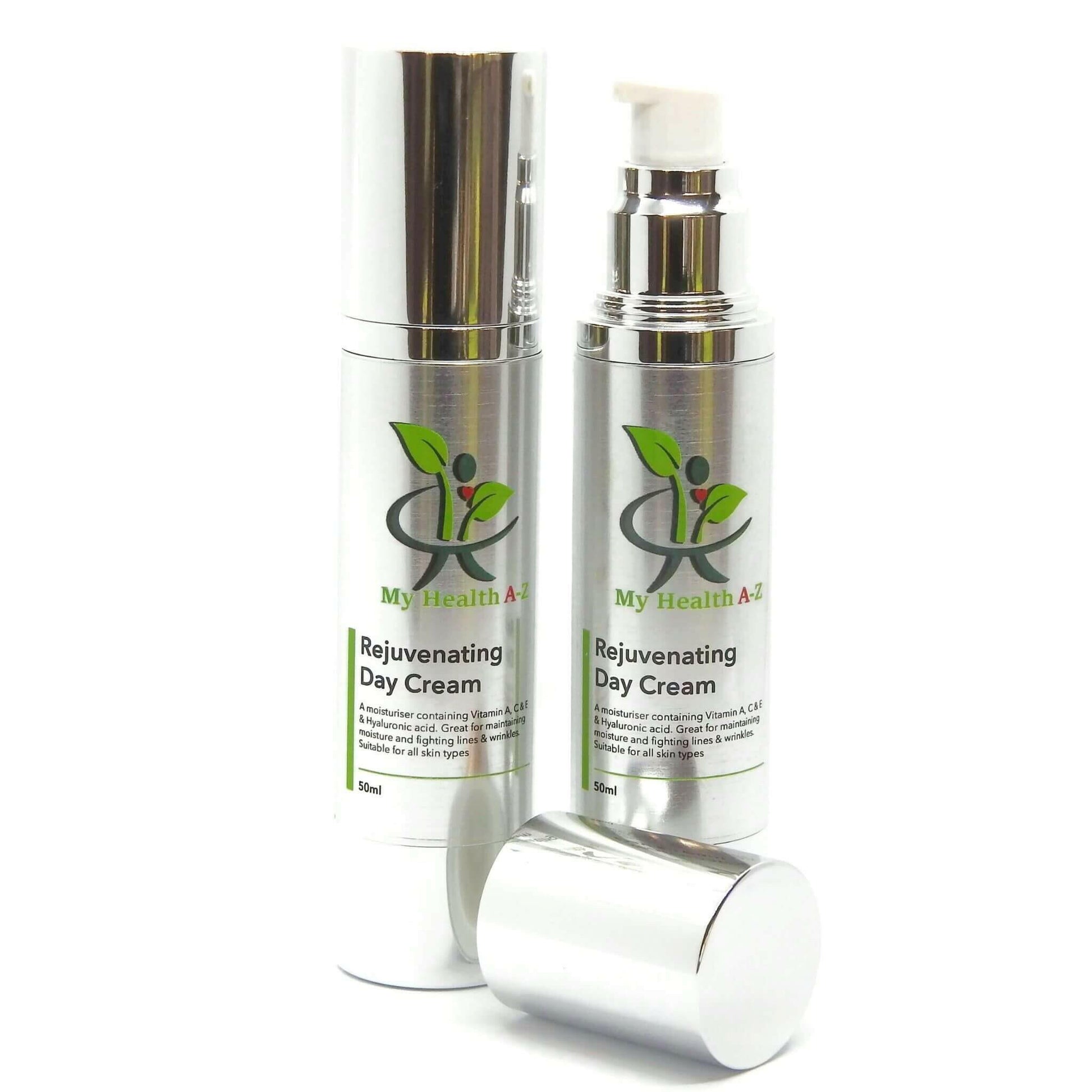 two bottle of rejuvenating day cream on the left with lid on the right without the lid in front of the bottle