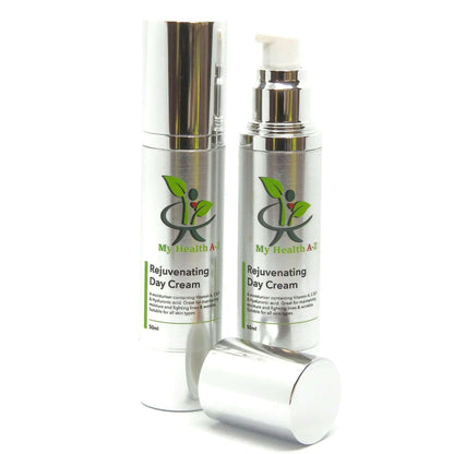 two bottle of rejuvenating day cream on the left with lid on the right without the lid in front of the bottle