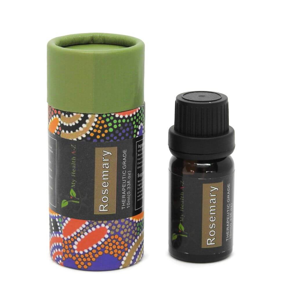 Rosemary essential oil bottle and packaging on a white background