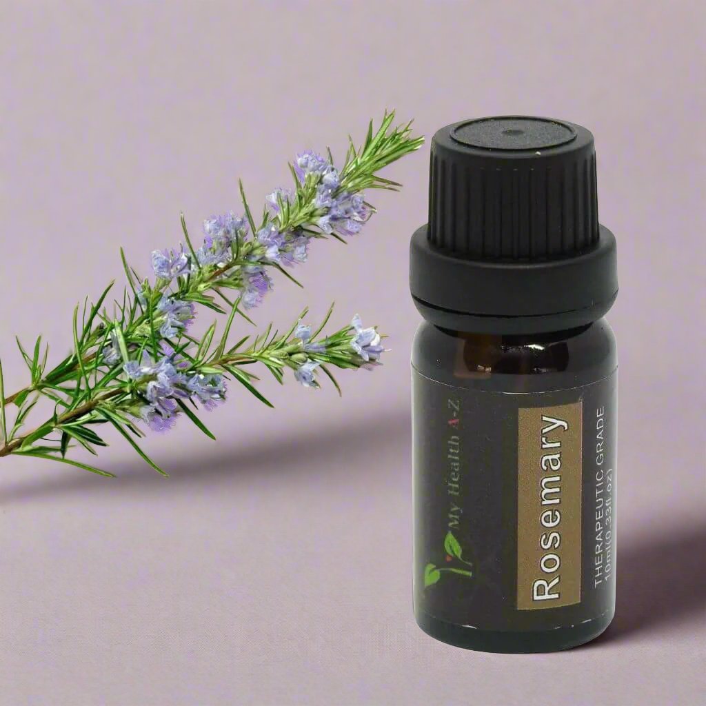 Bottle of rosemary essential oil with a sprig of rosemary on a light purple background