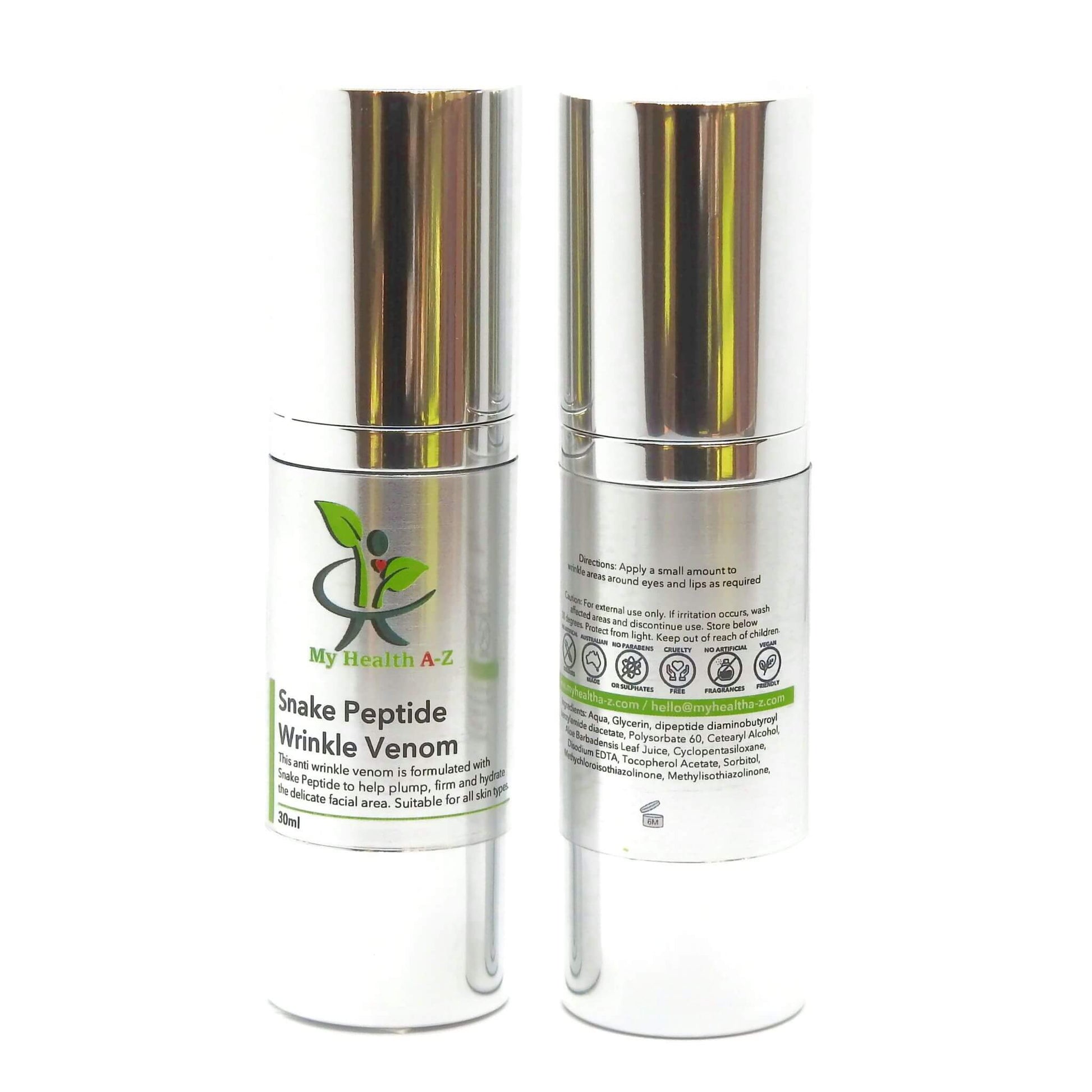 Two skincare bottles labeled 'Snake Peptide Wrinkle Venom' on a white background