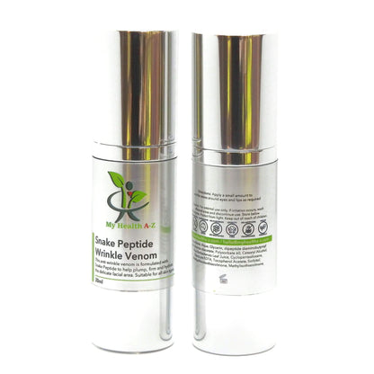 Two skincare bottles labeled 'Snake Peptide Wrinkle Venom' on a white background
