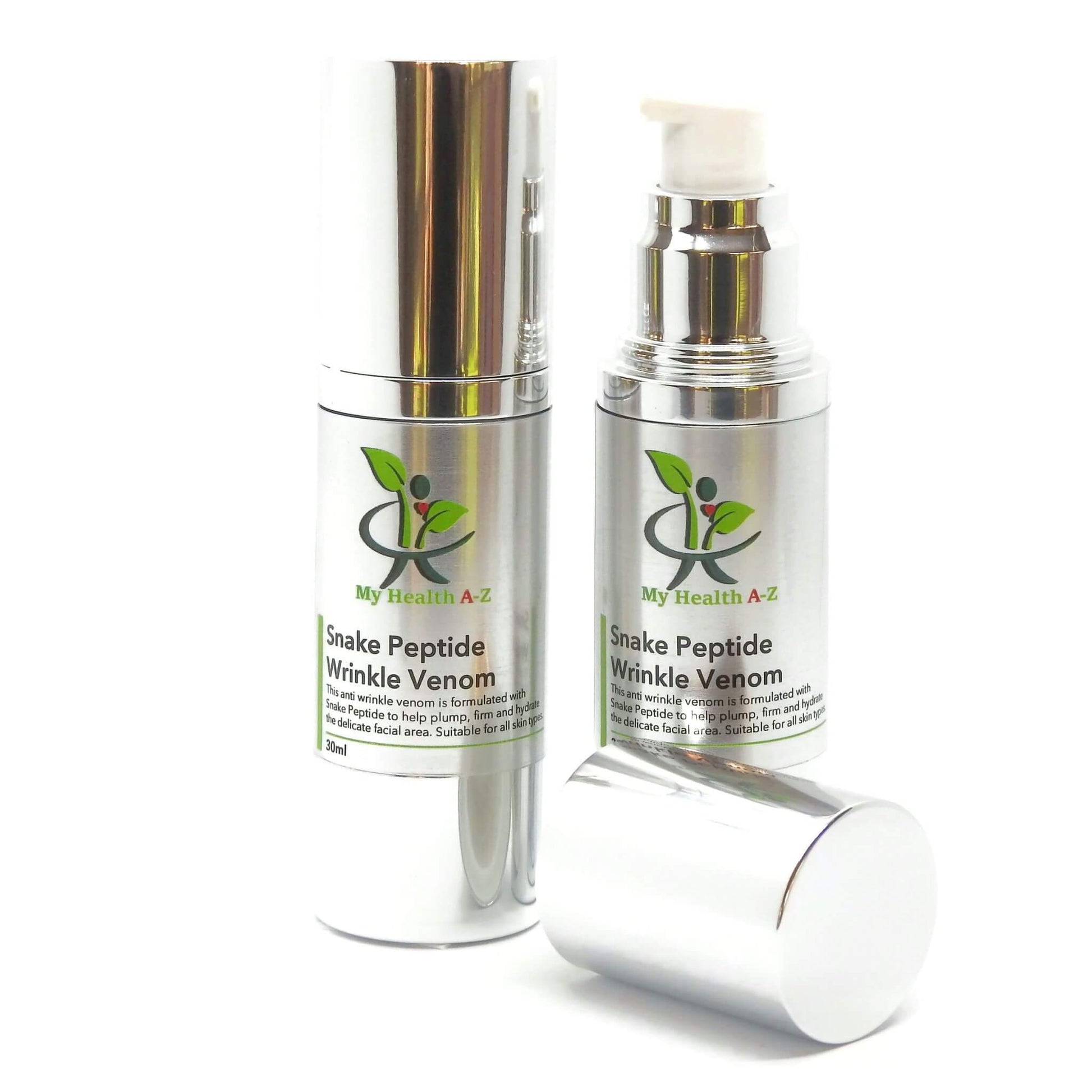 Two bottles of 'Snake Peptide Wrinkle Venom' with a white background
