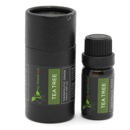 black closed cylinder next to it a 10ml bottle of tea tree essential oil