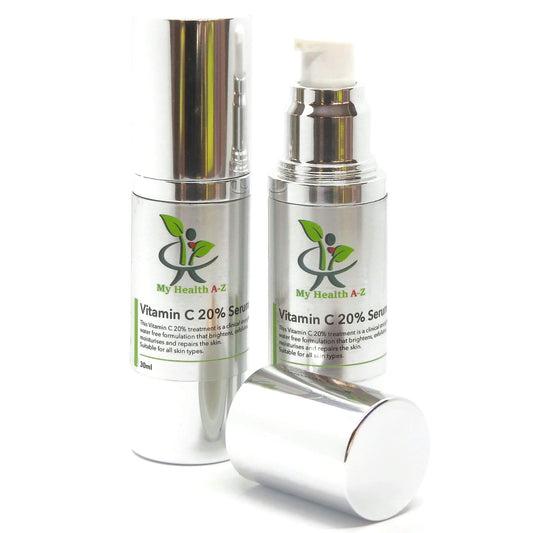 Two skincare serum bottles with silver caps and white labels on a white background