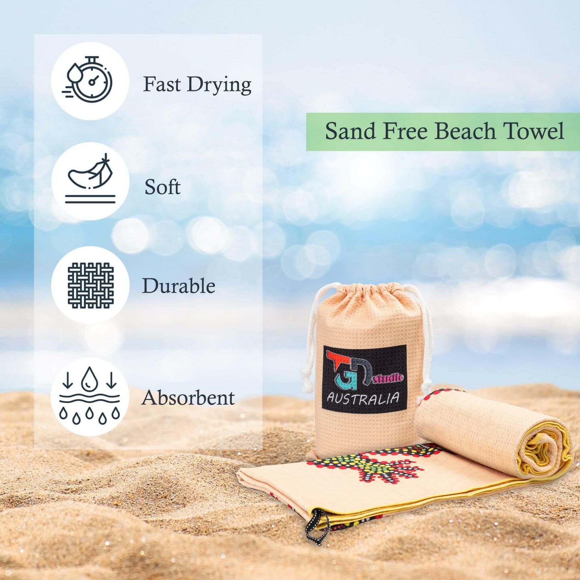 Sand-Free Beach Towel with Aboriginal Dot Crocodile Design benefits