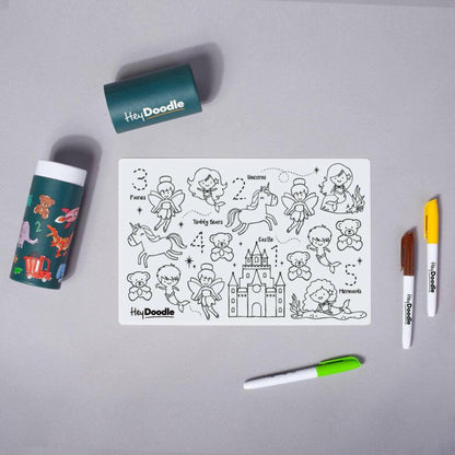 kids reusable silicone placemat open on table with pencil
